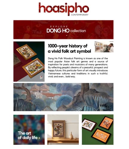 Hoasipho brand store page — “Explore the Dong Ho collection” over the 1000-year history of the folk art.