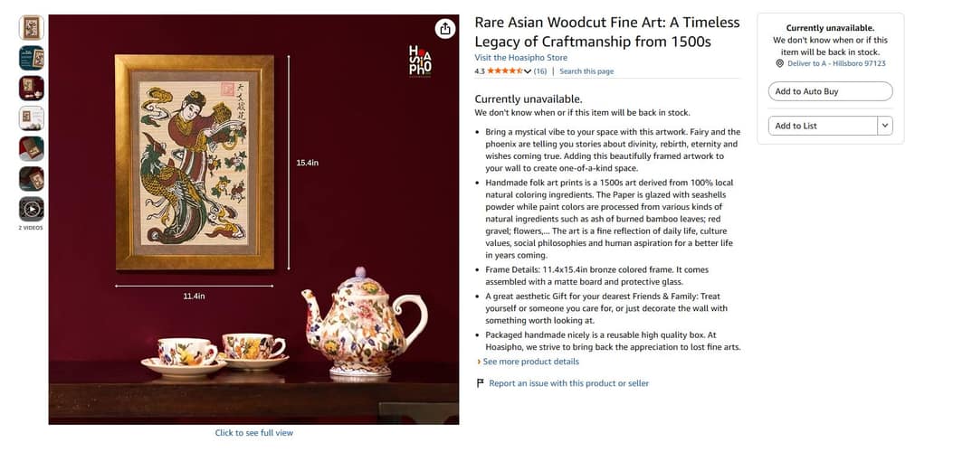 Hoasipho Amazon US listing — a framed fairy-and-phoenix woodcut with its 11.4 × 15.4 in size callouts, against a deep red wall.