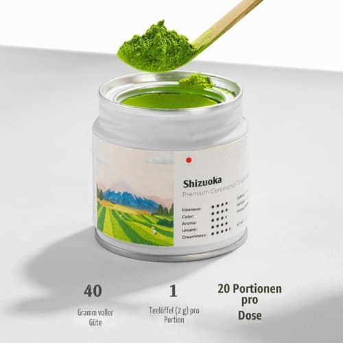 An open Matelier Shizuoka matcha tin with a bamboo scoop of powder above it; the pack facts read 40 g, one 2 g teaspoon per serving, 20 servings per tin.