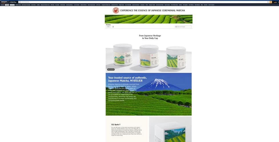 The M’atelier brand store on Amazon Germany — “Experience the essence of Japanese ceremonial matcha” — with the three origin tins above a Mount Fuji tea-field panel.
