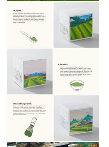 Matelier A+ content — the three origins, Uji Kyoto, Shizuoka and Chiran of Kagoshima, each on its illustrated box.