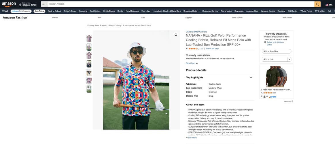 The NANANA product page on Amazon US for the Rizz Golf Polo, showing a golfer on the green in a multicoloured geometric print polo.