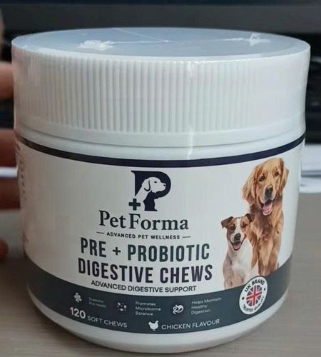 Close-up of the production tub: Pre + Probiotic Digestive Chews, advanced digestive support, 120 soft chews.