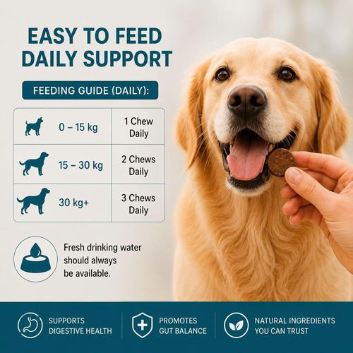 Listing graphic: the daily feeding guide by dog weight — one to three chews per day.