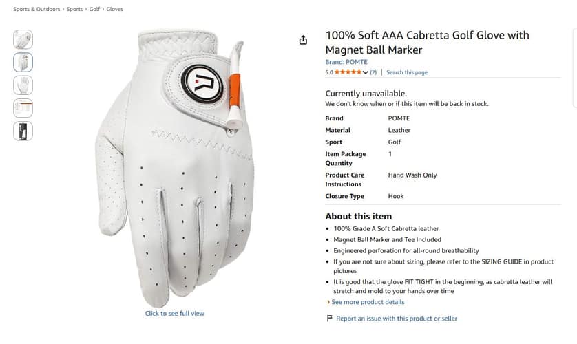 The Pomte Cabretta leather golf glove on its Amazon US listing, with the magnetic ball marker and tee fitted to the strap.