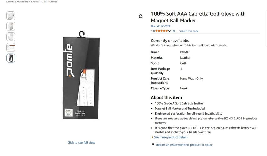 The Pomte glove in its retail hanging pack, marked “finest Cabretta leather”, on the Amazon US listing.