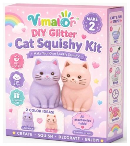 Vimalor DIY Glitter Cat Squishy Kit — lavender and peach color ideas, two per box.