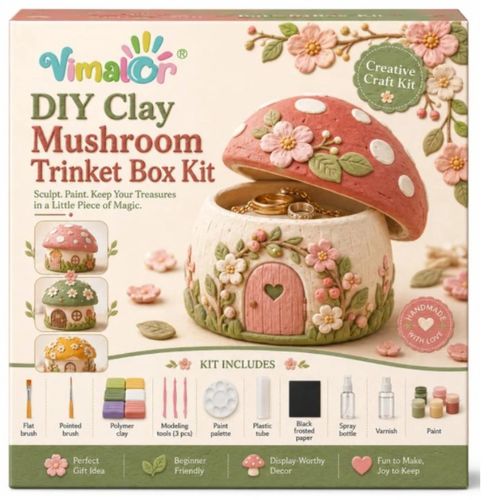 Vimalor DIY Clay Mushroom Trinket Box Kit — sculpt, paint and keep, with the full tool set pictured.