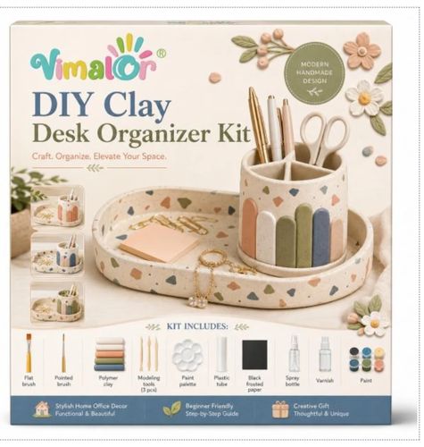 Vimalor DIY Clay Desk Organizer Kit — terrazzo pen pot and tray, tools and paints included.