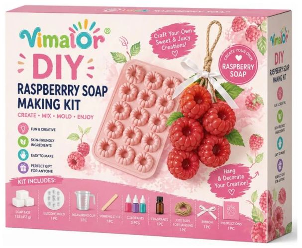 Vimalor DIY Raspberry Soap Making Kit — soap base, silicone mold, colorants and fragrance.