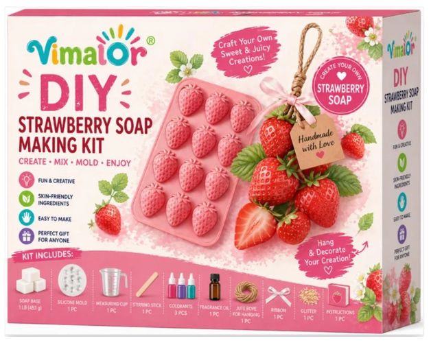 Vimalor DIY Strawberry Soap Making Kit — strawberry mold, with rope and ribbon for hanging.